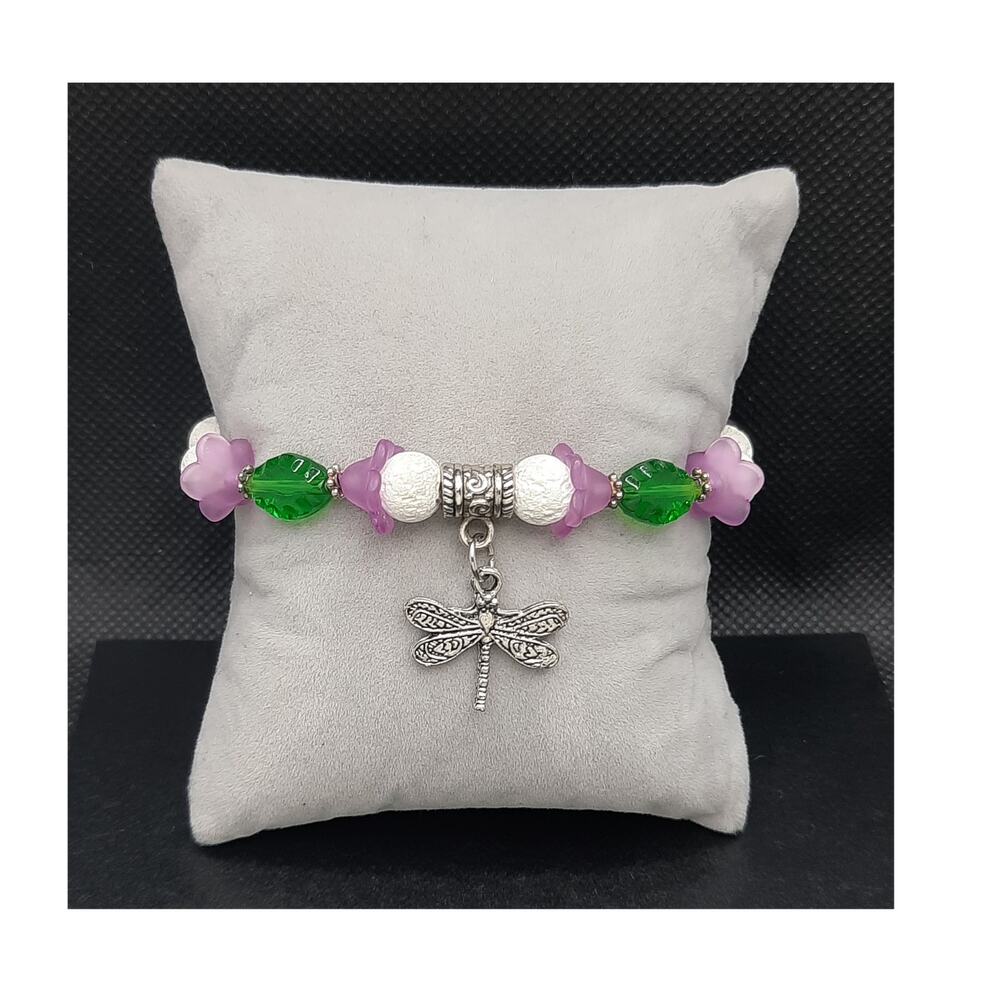 Artisan Floral Beaded Bracelet Tibetan Silver Dragonfly Charm Diffuser Feminine